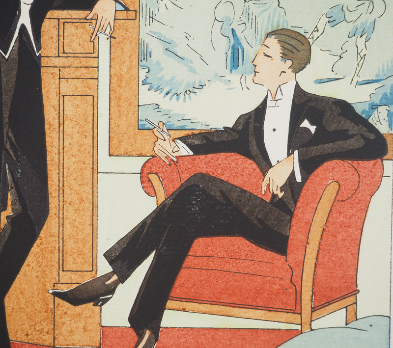 Léon BONNOTTE : Gentlemen au fumoir, Lithographie originale (photo de détail 5) - Crédit photo : Galerie Art.Paris