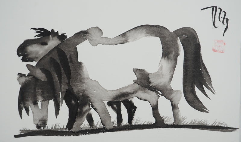 Laszlo TIBAY : Les chevaux sauvages, Dessin original (vue générale) - Crédit photo : Galerie Art.Paris