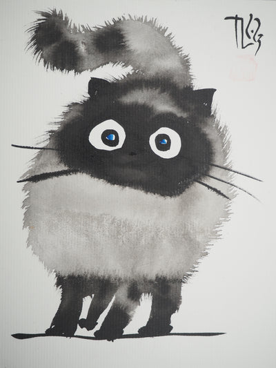 Laszlo TIBAY : Le chaton aux yeux bleus, Dessin original à l'aquarelle Signé