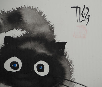 Laszlo TIBAY : Le chaton aux yeux bleus, Dessin original à l'aquarelle Signé