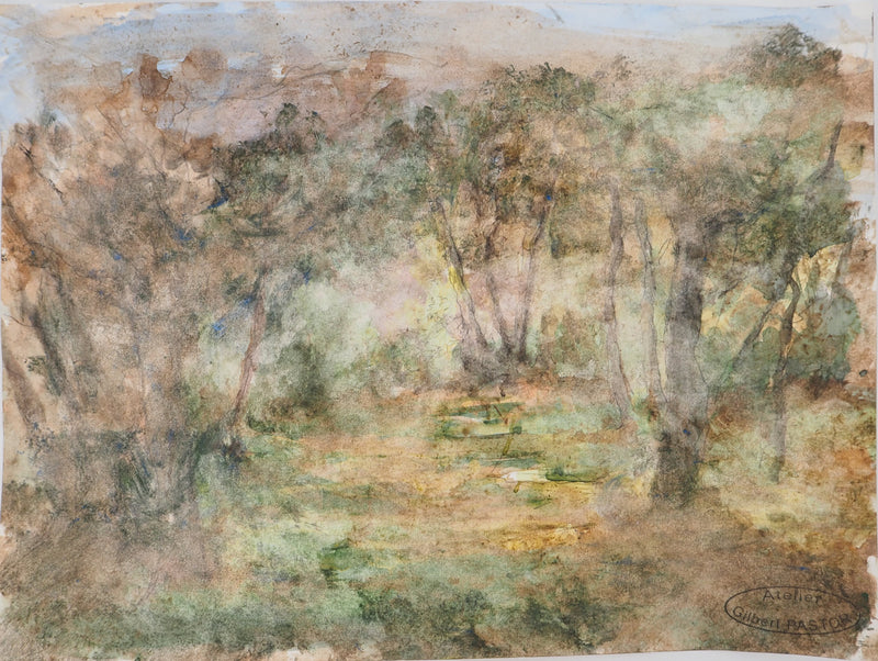 Gilbert PASTOR : Forêt sous un puit de lumière , Aquarelle originale (vue générale) - Crédit photo : Galerie Art.Paris