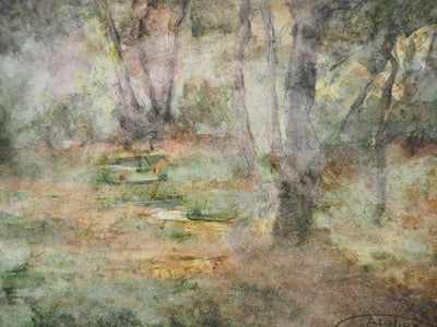 Gilbert PASTOR : Forêt sous un puit de lumière , Aquarelle originale (photo de détail 4) - Crédit photo : Galerie Art.Paris