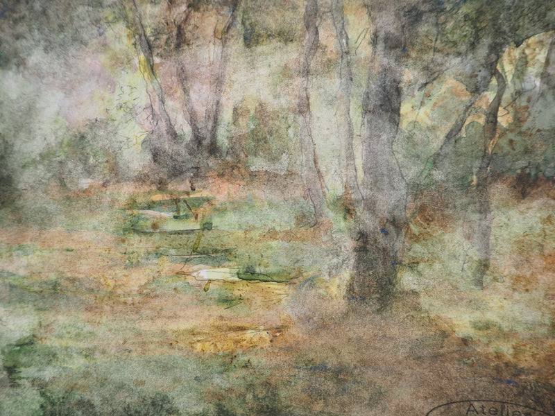 Gilbert PASTOR : Forêt sous un puit de lumière , Aquarelle originale (photo de détail 4) - Crédit photo : Galerie Art.Paris