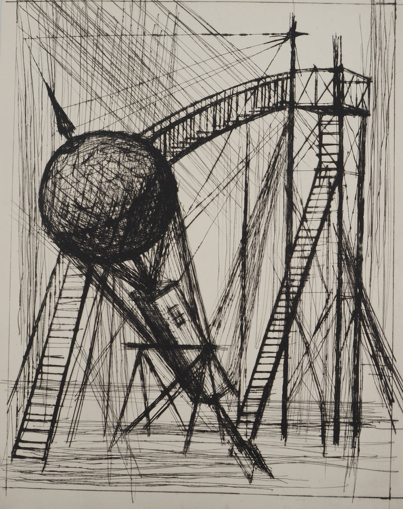 Bernard BUFFET : Voyages fantastiques : La machine pour aller sur la Lune, Gravure originale (vue générale) - Crédit photo : Galerie Art.Paris