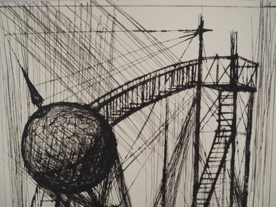 Bernard BUFFET : Voyages fantastiques : La machine pour aller sur la Lune, Gravure originale (photo de détail 4) - Crédit photo : Galerie Art.Paris