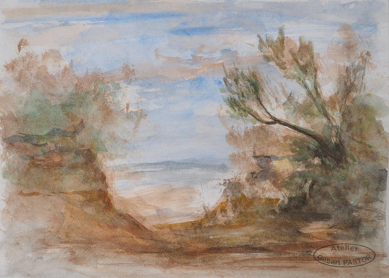 Gilbert PASTOR : Vue sur la mer Méditerranée  , Aquarelle originale (vue générale) - Crédit photo : Galerie Art.Paris
