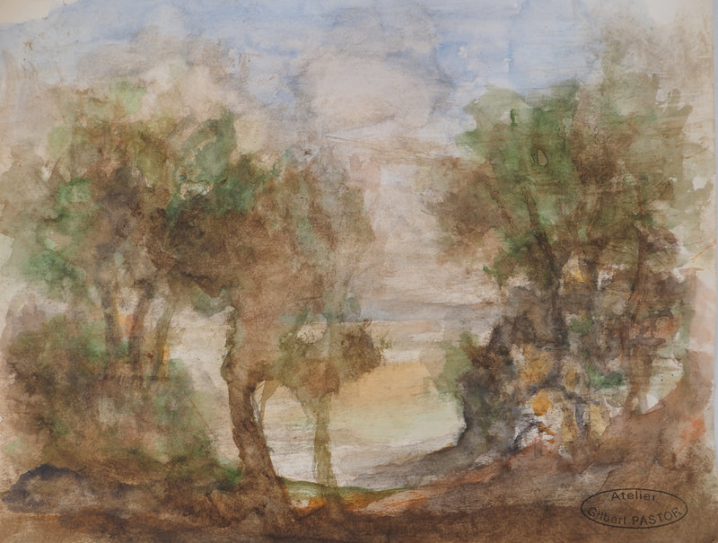 Gilbert PASTOR : La Méditerranée derrière les arbres, Aquarelle originale (vue générale) - Crédit photo : Galerie Art.Paris