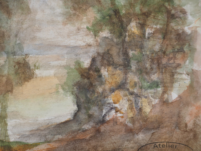 Gilbert PASTOR : La Méditerranée derrière les arbres, Aquarelle originale (photo de détail 5) - Crédit photo : Galerie Art.Paris