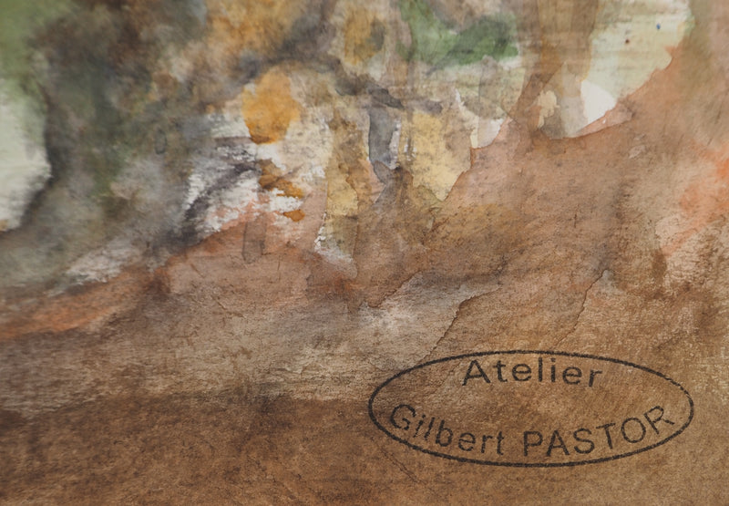 Gilbert PASTOR : La Méditerranée derrière les arbres, Aquarelle originale (photo de détail 2) - Crédit photo : Galerie Art.Paris