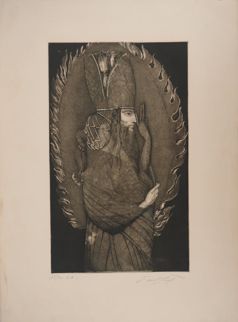 Ernst FUCHS : La Kabbale des origines : le kabbaliste, Gravure originale (vue générale) - Crédit photo : Galerie Art.Paris