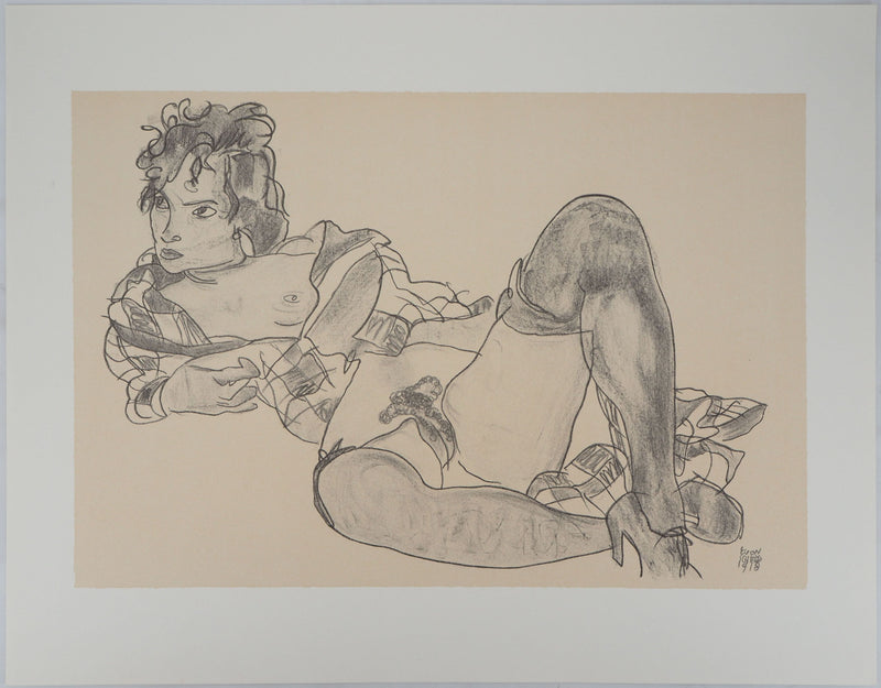 Egon SCHIELE : Nu aux jarretelles, Lithographie signée