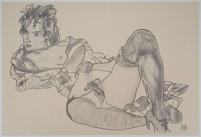 Egon SCHIELE : Nu aux jarretelles, Lithographie signée