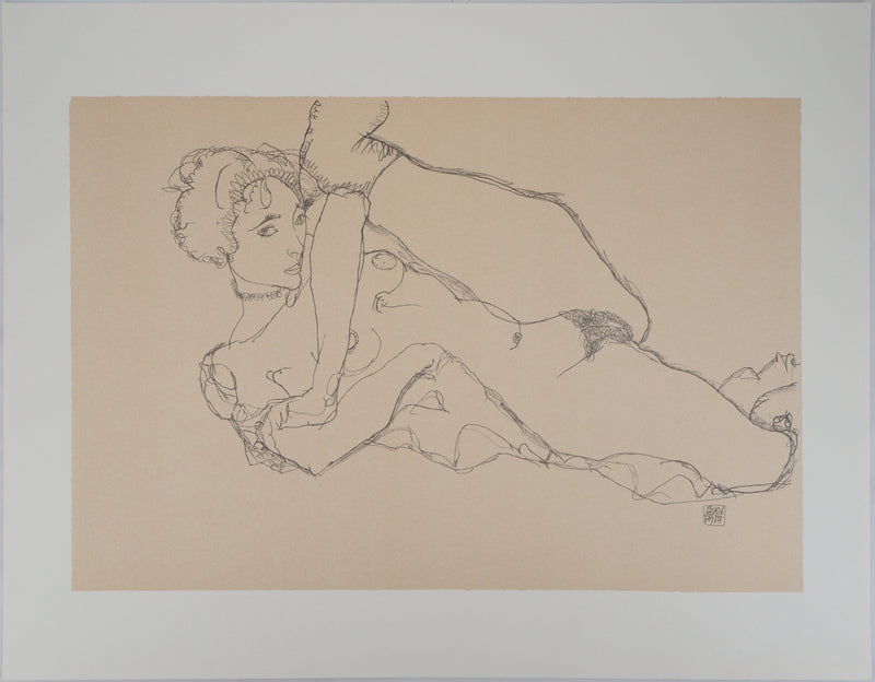 Egon SCHIELE : Nu à la jambe levée, Lithographie originale (vue générale) - Crédit photo : Galerie Art.Paris