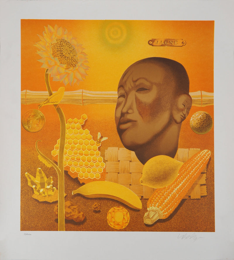 Victor VASARELY : Bouddha, Vie en jaune, Lithographie originale signée