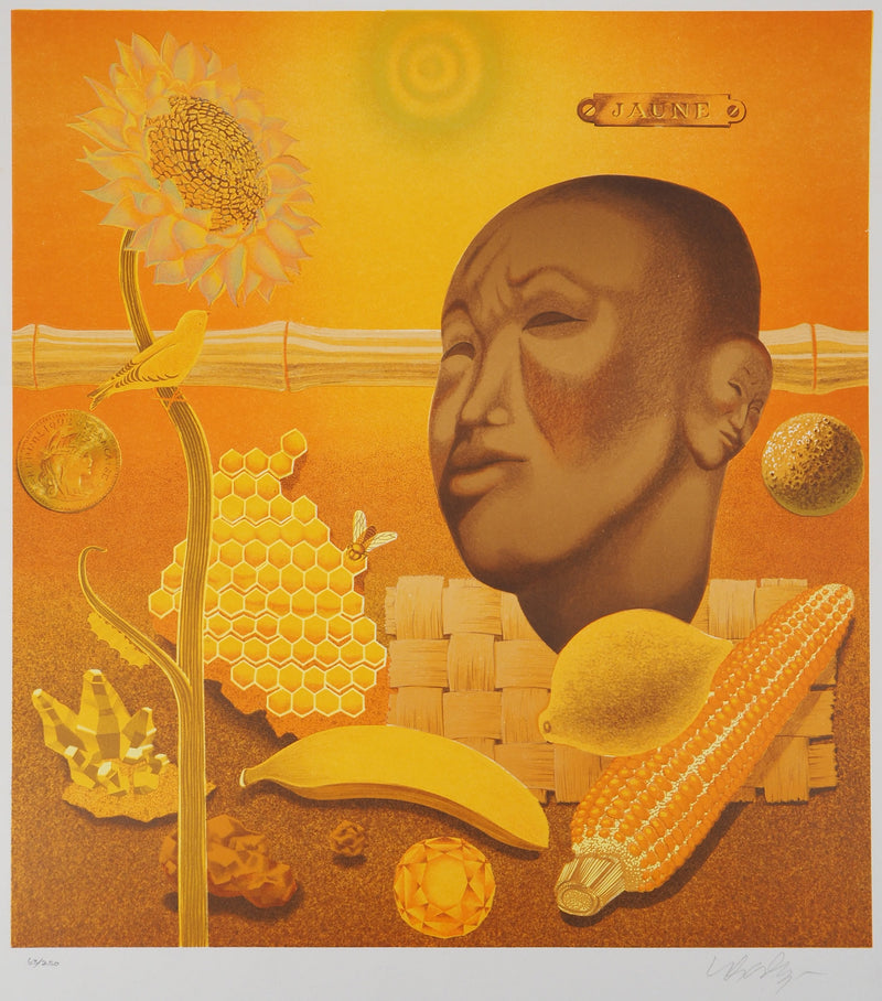 Victor VASARELY : Bouddha, Vie en jaune, Lithographie originale signée