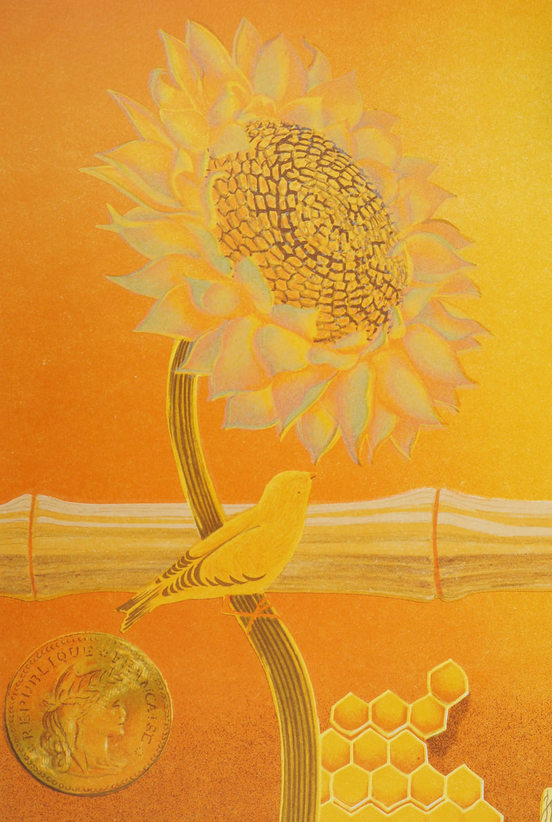 Victor VASARELY : Bouddha, Vie en jaune, Lithographie originale signée
