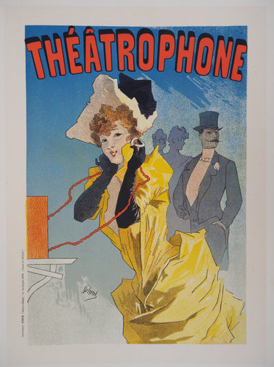 ADA Jules CHERET: Junges Mädchen am Telefon (Théâtrophone), 1895, Original signierte Lithographie