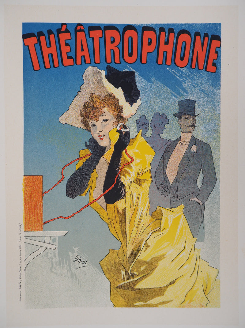 ADA Jules CHERET: Junges Mädchen am Telefon (Théâtrophone), 1895, Original signierte Lithographie