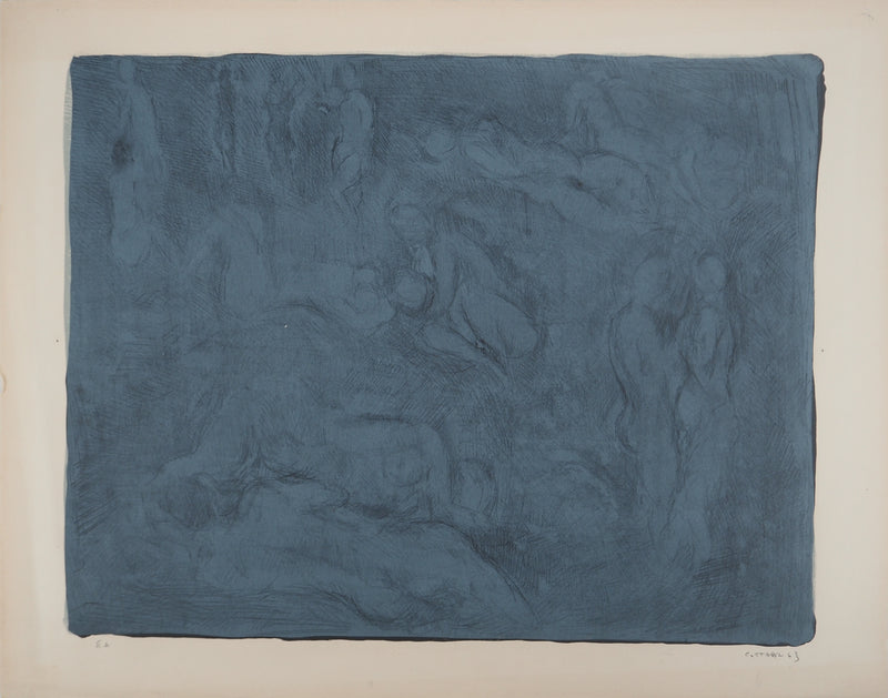 André COTTAVOZ : Corps sur fond bleu, Lithographie originale signée
