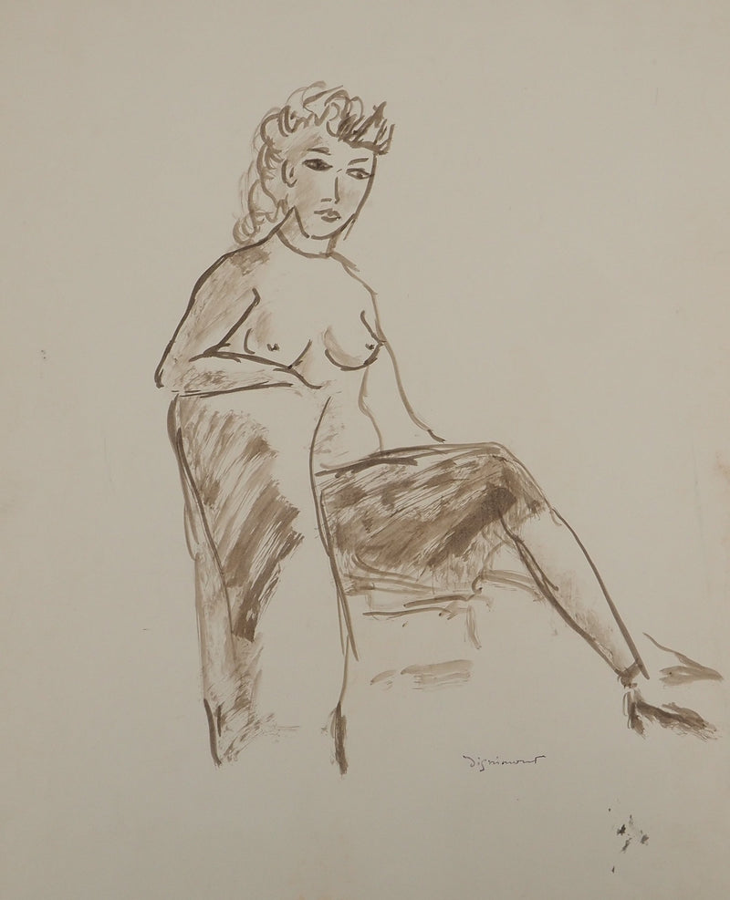 André DIGNIMONT : Femme assise sur le divan, Aquarelle originale signée
