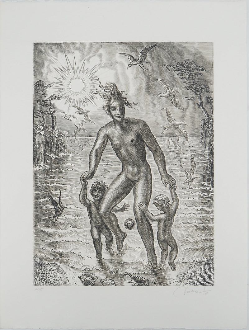 Albert DECARIS: Woman and Fauna, Original signed engraving