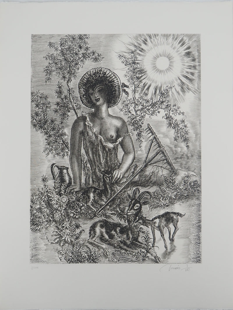Albert DECARIS : La bergère, Gravure originale signée