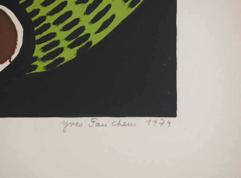 Yves FAUCHEUR : Composition verte et jaune, Lithographie originale signée