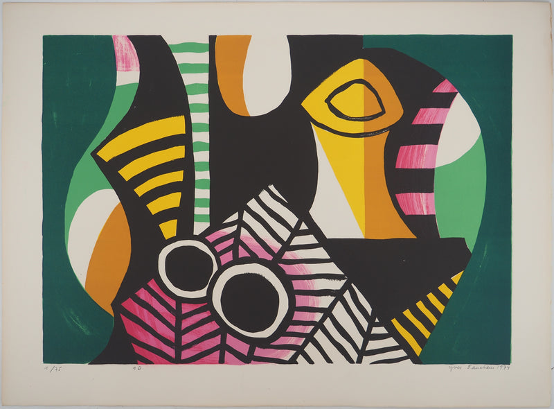 Yves FAUCHEUR : Composition verte et rose, Lithographie originale signée