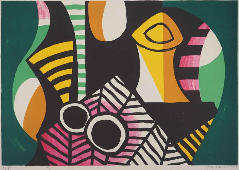 Yves FAUCHEUR : Composition verte et rose, Lithographie originale signée