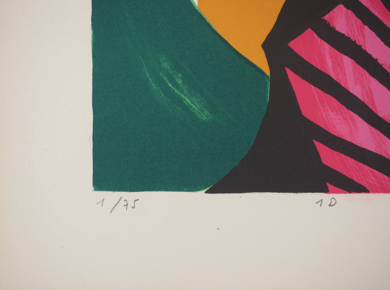 Yves FAUCHEUR : Composition verte et rose, Lithographie originale signée