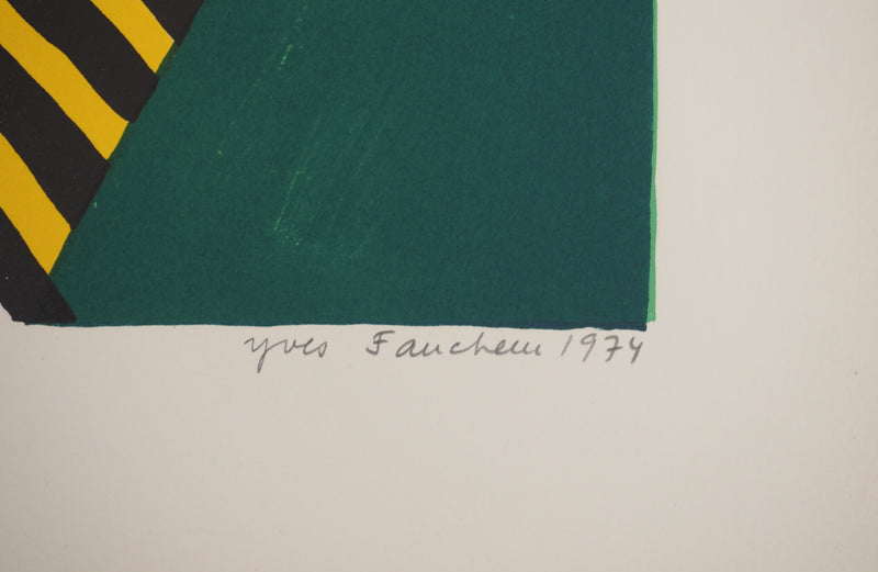 Yves FAUCHEUR : Composition verte et rose, Lithographie originale signée