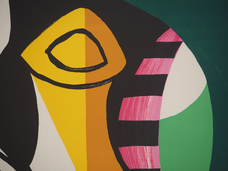 Yves FAUCHEUR : Composition verte et rose, Lithographie originale signée