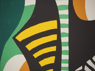 Yves FAUCHEUR : Composition verte et rose, Lithographie originale signée