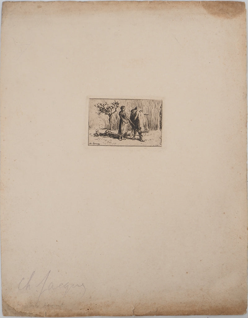 Charles Emile JACQUE : Vache paissant, Gravure originale signée