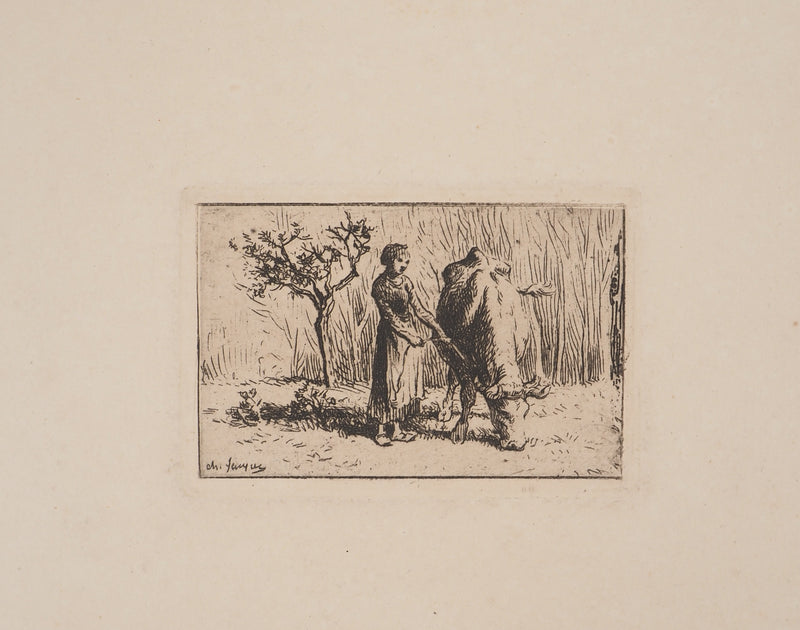 Charles Emile JACQUE : Vache paissant, Gravure originale signée