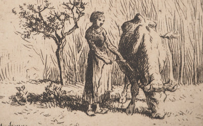 Charles Emile JACQUE : Vache paissant, Gravure originale signée