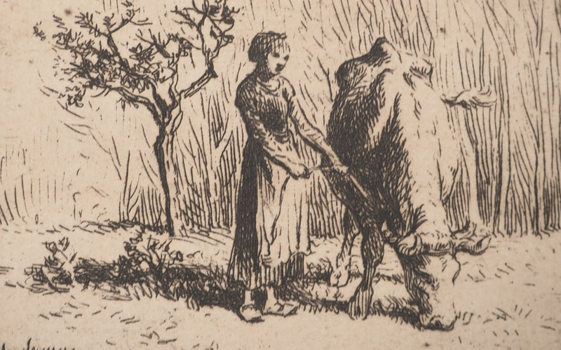 Charles Emile JACQUE : Vache paissant, Gravure originale signée