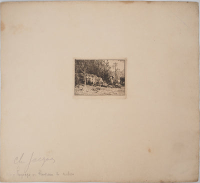 Charles Emile JACQUE : Le troupeau de vaches, Gravure originale signée