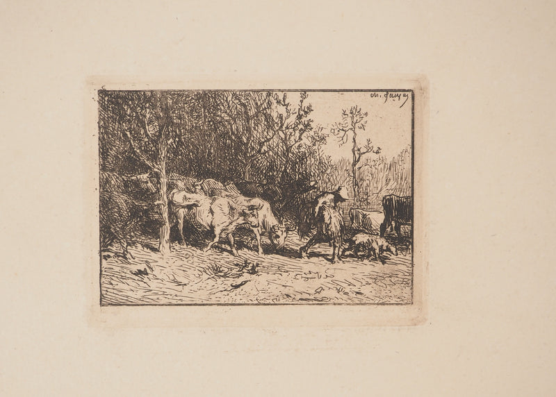 Charles Emile JACQUE : Le troupeau de vaches, Gravure originale signée