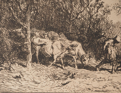 Charles Emile JACQUE : Le troupeau de vaches, Gravure originale signée