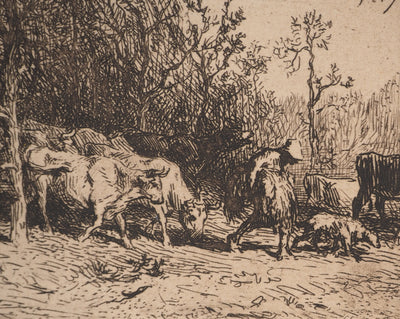 Charles Emile JACQUE : Le troupeau de vaches, Gravure originale signée
