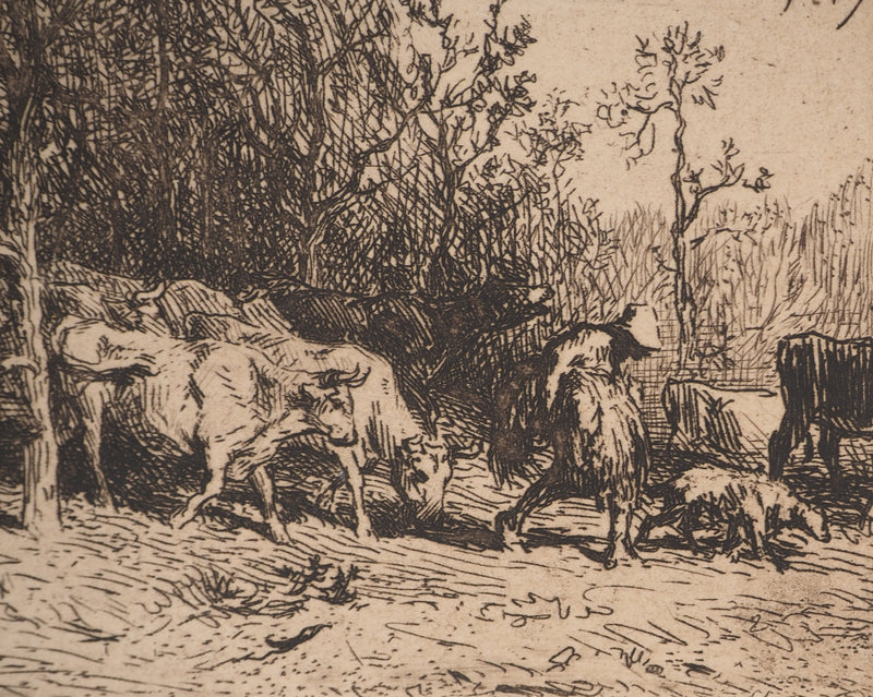 Charles Emile JACQUE : Le troupeau de vaches, Gravure originale signée