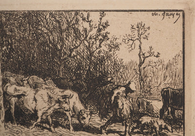 Charles Emile JACQUE : Le troupeau de vaches, Gravure originale signée