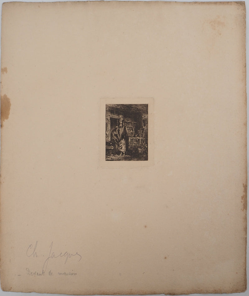 Charles Emile JACQUE : Devant la maison, Gravure originale