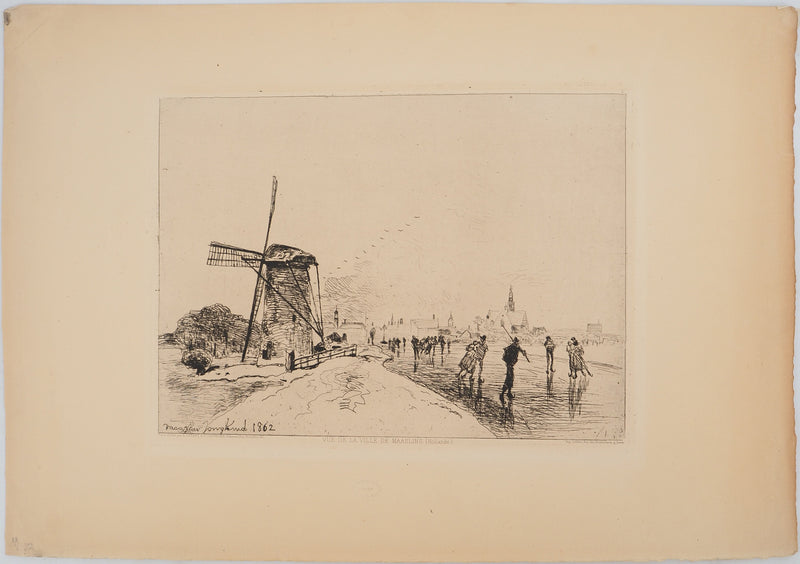 Johan-Barthold JONGKIND : Vue de la ville de Maaslins en Hollande, Gravure originale signée (Copie)