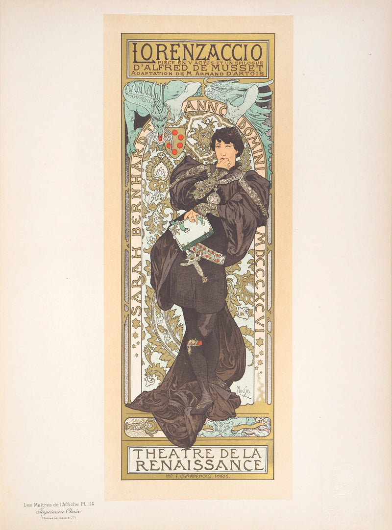 Alfonse MUCHA : Lorenzaccio (Sarah Bernhardt), Lithographie originale ignée