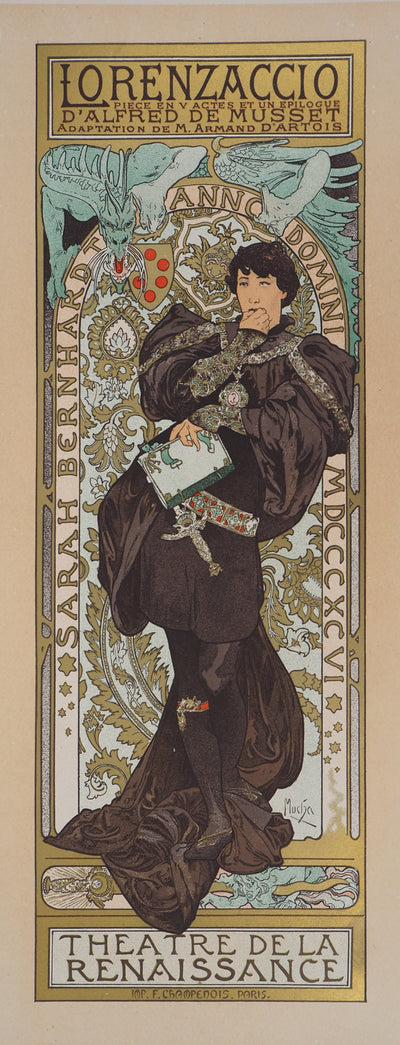 Alfonse MUCHA : Lorenzaccio (Sarah Bernhardt), Lithographie originale ignée