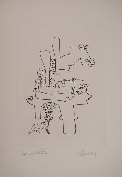 Charles LAPICQUE : Portraits XII, Les vigiles, Gravure originale signée