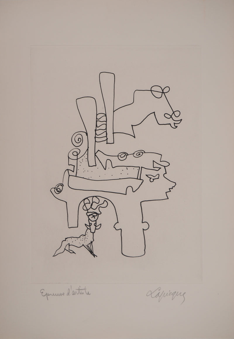 Charles LAPICQUE : Portraits XII, Les vigiles, Gravure originale signée