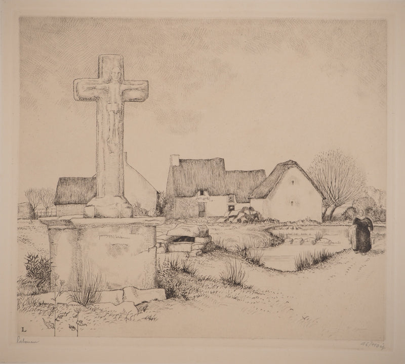 Jean-Émile LABOUREUR : Le calvaire rustique (Brière), Gravure originale signée